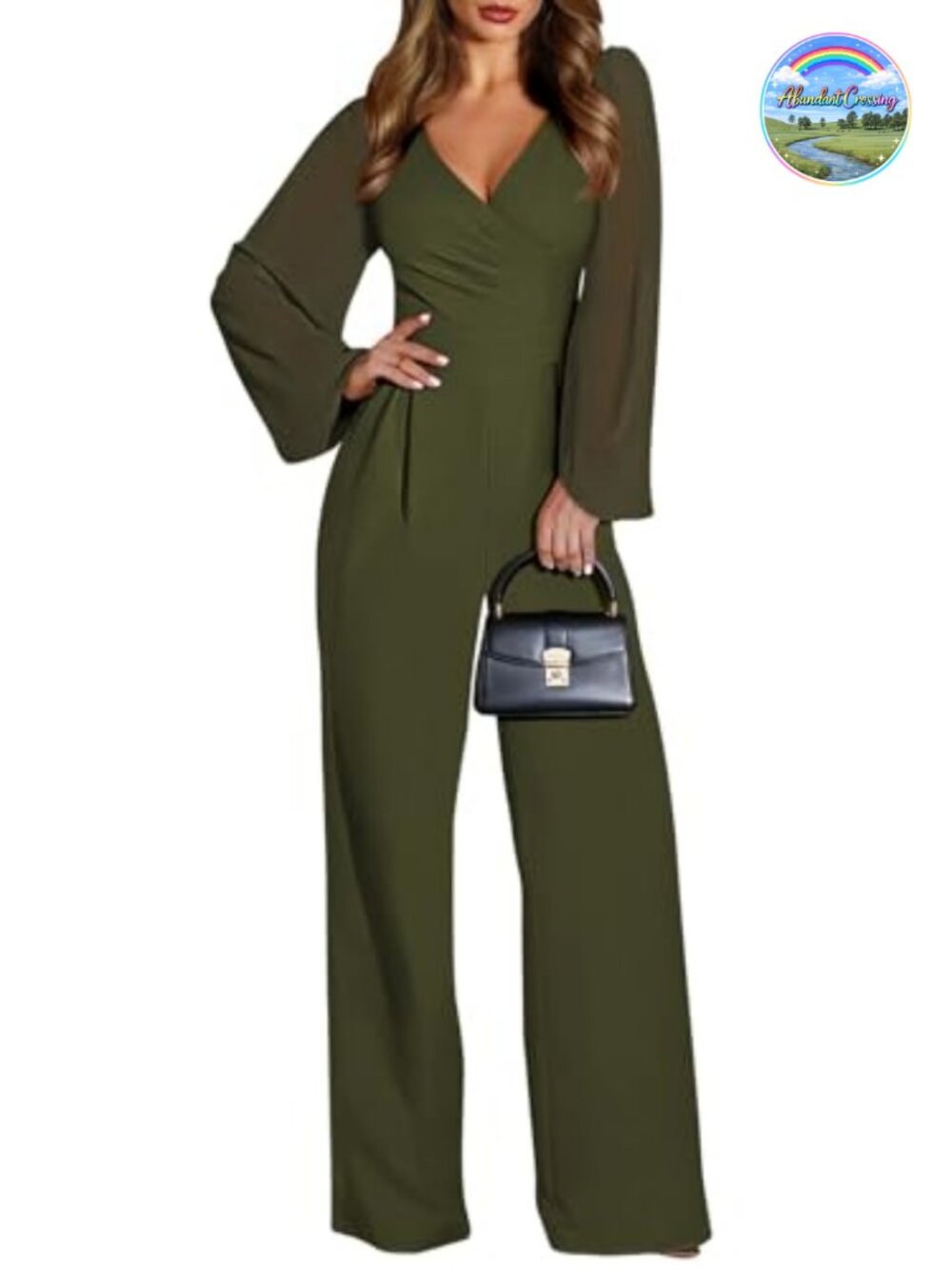 Elegant V-Neck Wide-Leg Jumpsuit with Chiffon Sleeves